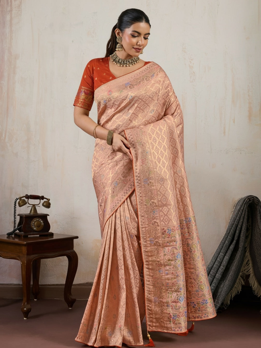 Peachmode Peach Hand Dyed Chiffon Saree with Meenakari Weaving - Image 4