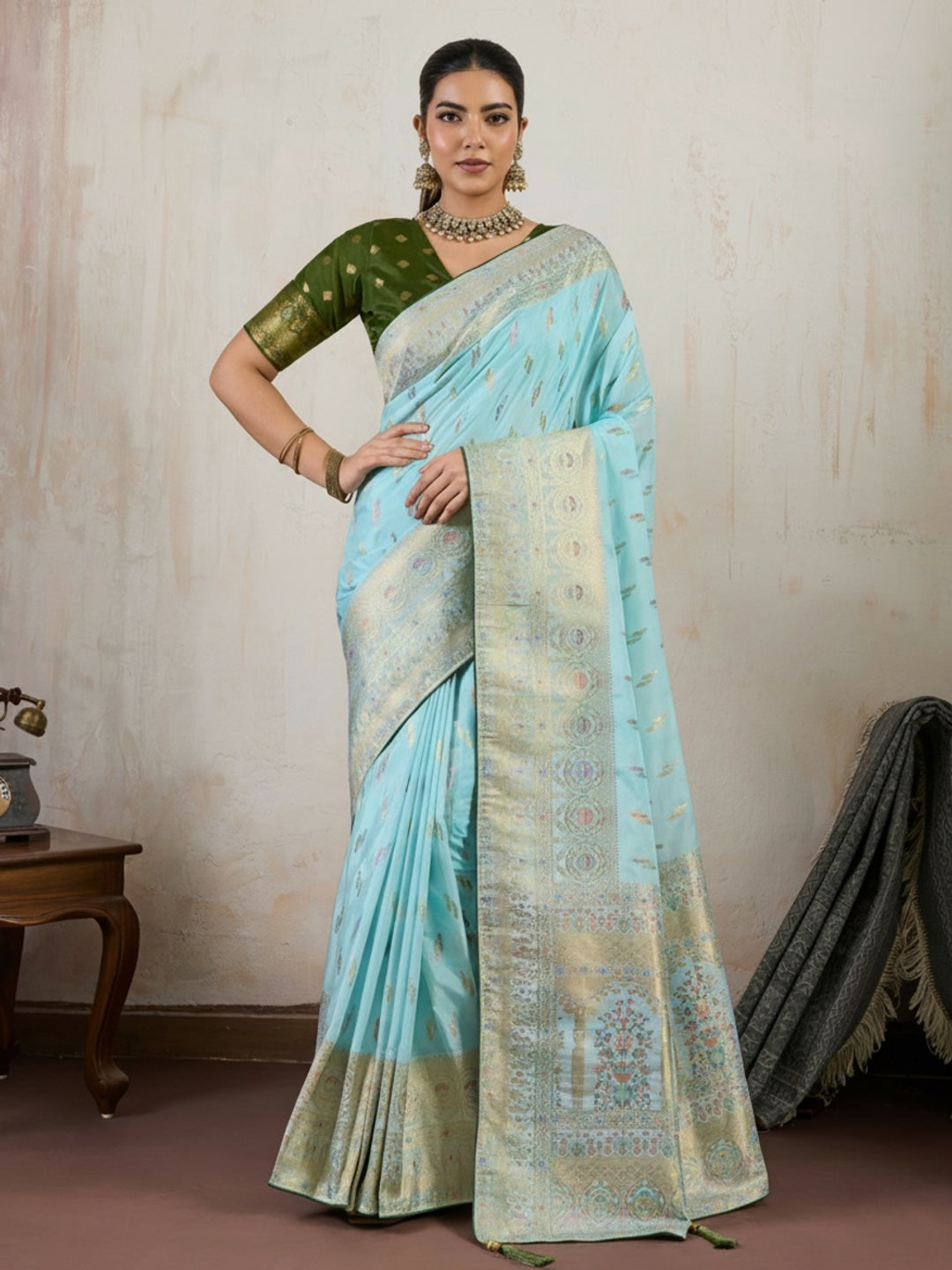 Peachmode Sea Green Hand Dyed Chiffon Saree with Meenakari Weaving - Image 1
