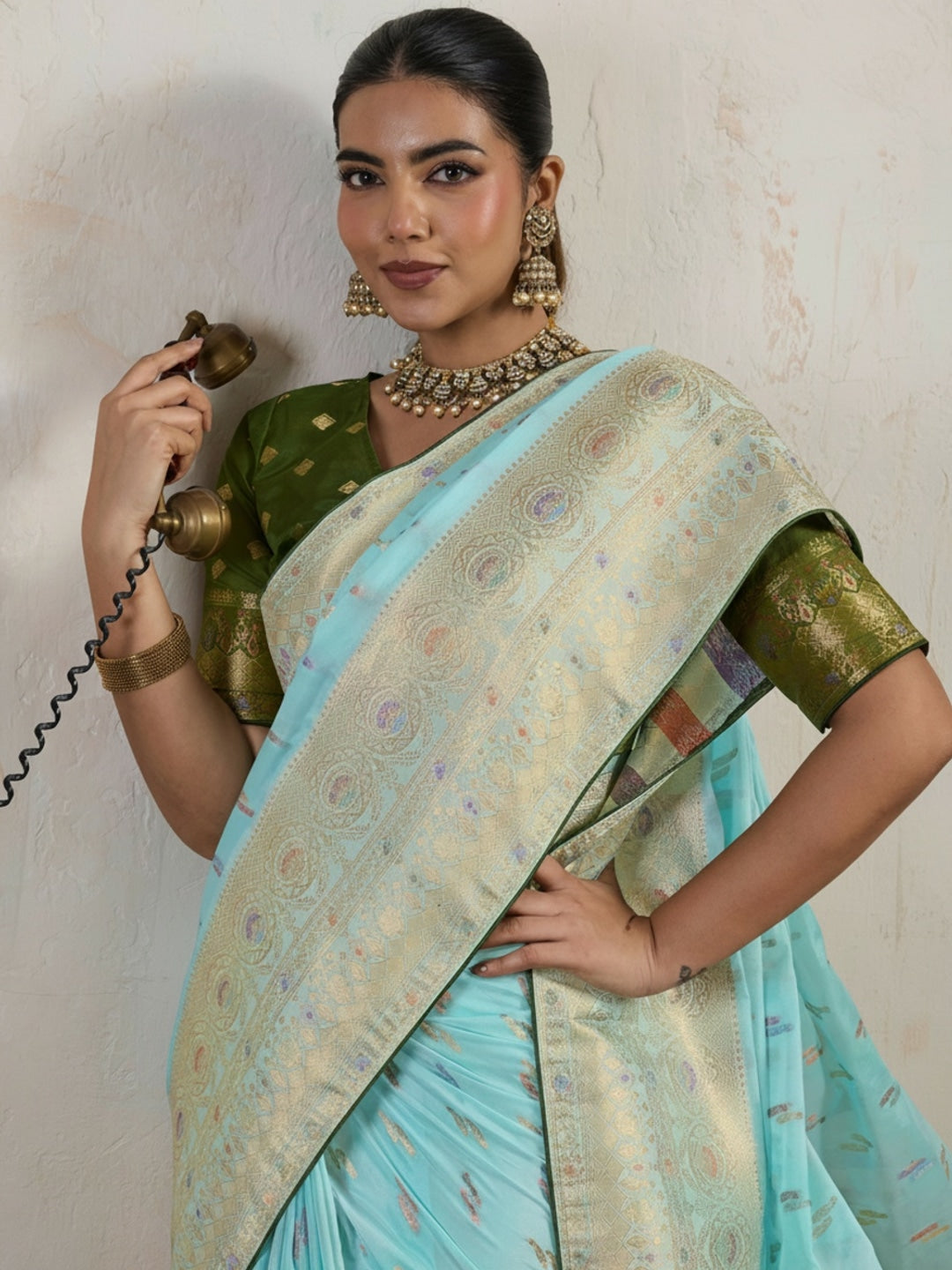 Peachmode Sea Green Hand Dyed Chiffon Saree with Meenakari Weaving - Image 2