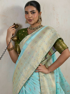 Peachmode Sea Green Hand Dyed Chiffon Saree with Meenakari Weaving - Image 2