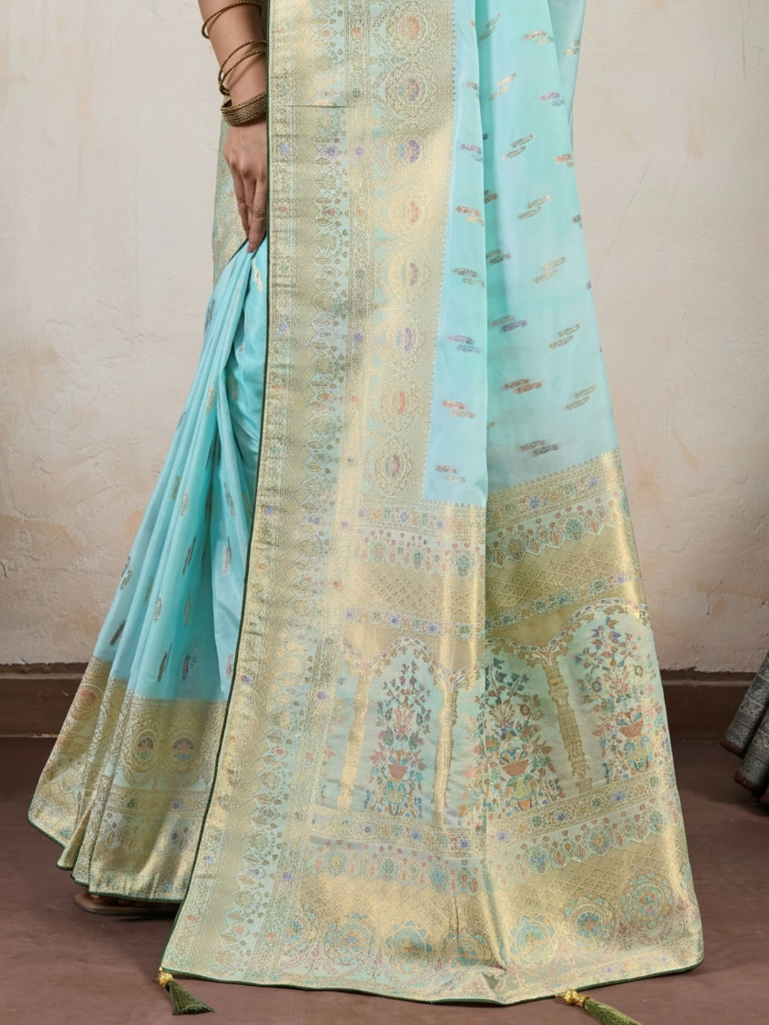 Peachmode Sea Green Hand Dyed Chiffon Saree with Meenakari Weaving - Image 4