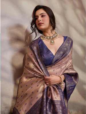 Peachmode Purple Kanjivaram Soft Silk Saree with Meenakari Woven Pallu - Image 1
