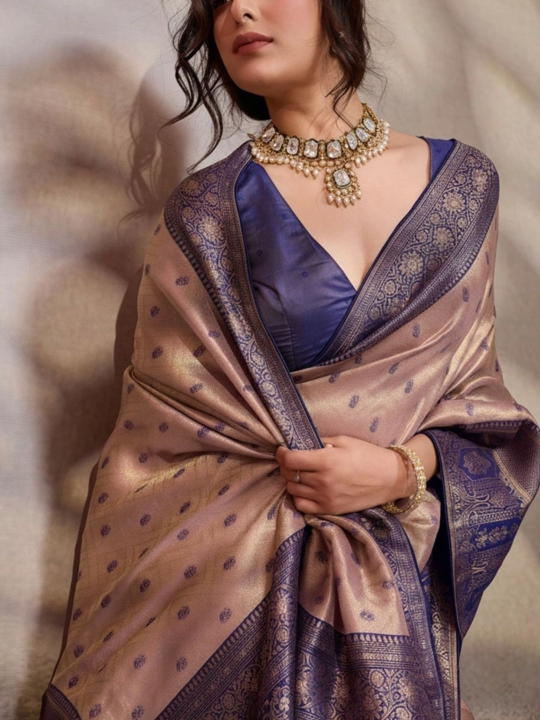 Peachmode Purple Kanjivaram Soft Silk Saree with Meenakari Woven Pallu - Image 3
