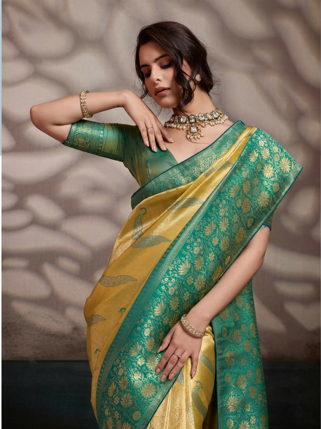 Peachmode Green Kanjivaram Soft Silk Saree with Meenakari Woven Pallu - Image 1