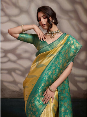 Peachmode Green Kanjivaram Soft Silk Saree with Meenakari Woven Pallu - Image 1