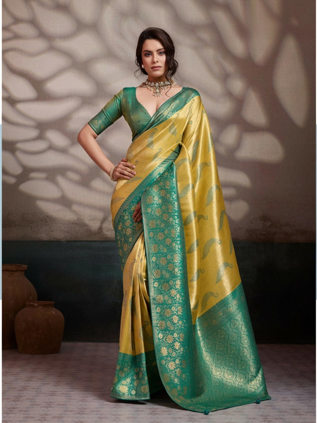 Peachmode Green Kanjivaram Soft Silk Saree with Meenakari Woven Pallu - Image 2