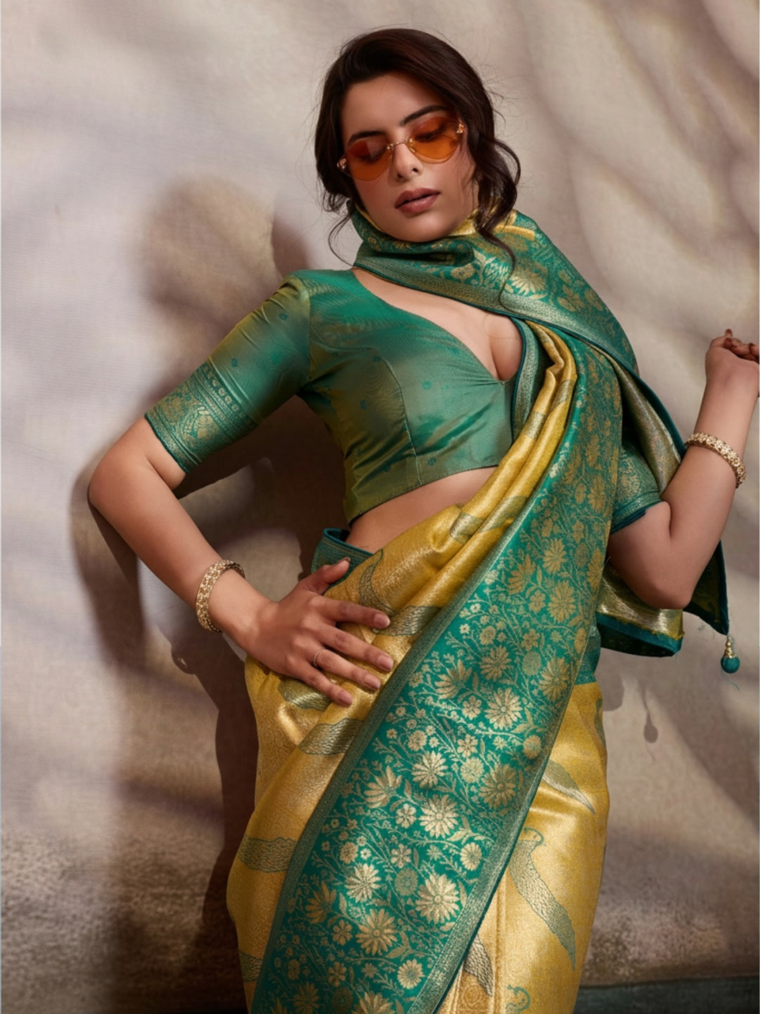 Peachmode Green Kanjivaram Soft Silk Saree with Meenakari Woven Pallu - Image 3