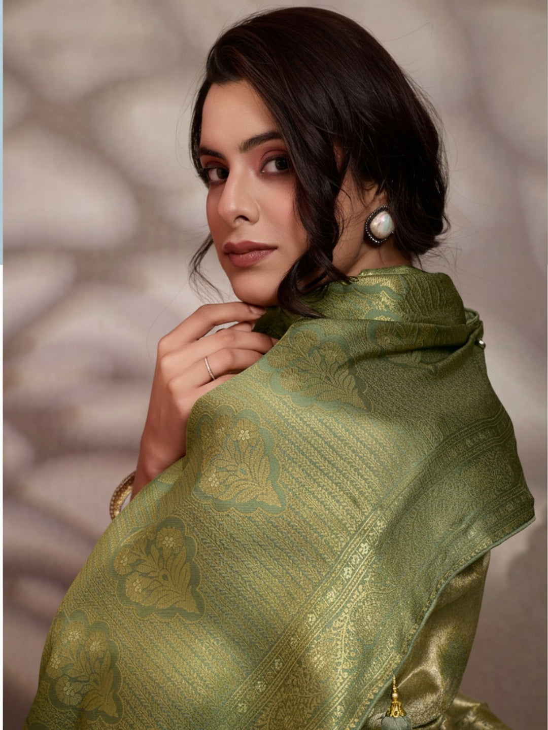 Peachmode Olive Kanjivaram Soft Silk Saree with Meenakari Woven Pallu - Image 1