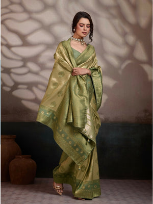 Peachmode Olive Kanjivaram Soft Silk Saree with Meenakari Woven Pallu - Image 2