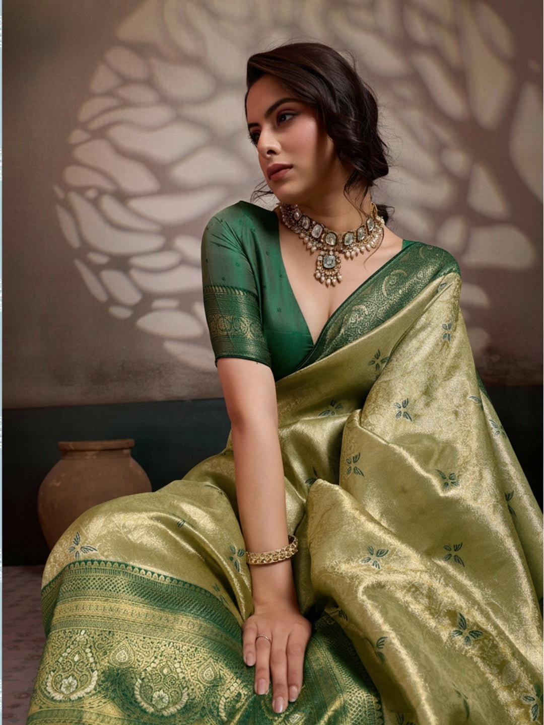 Peachmode Green Kanjivaram Soft Silk Saree with Meenakari Woven Pallu - Image 1