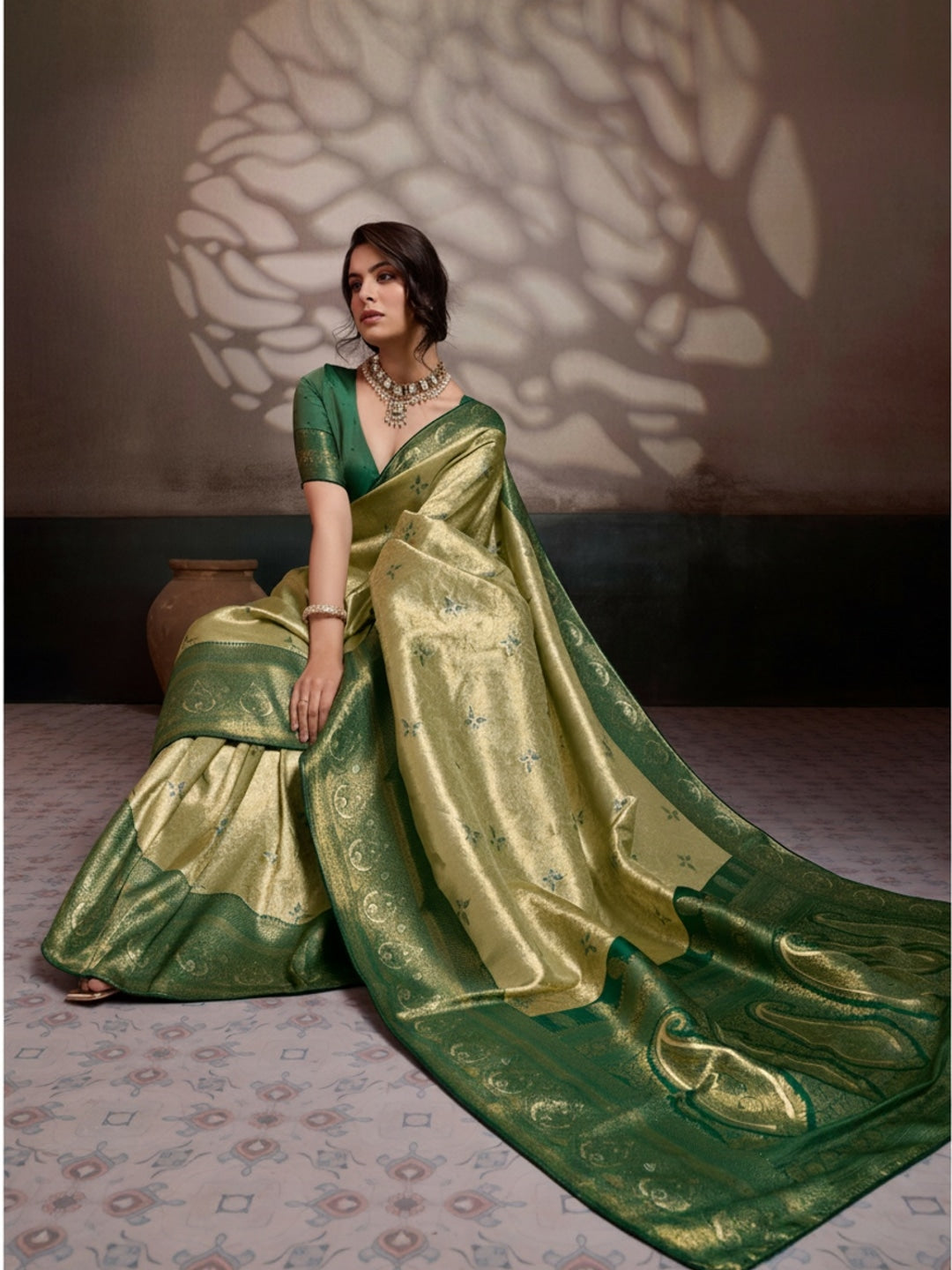 Peachmode Green Kanjivaram Soft Silk Saree with Meenakari Woven Pallu - Image 2
