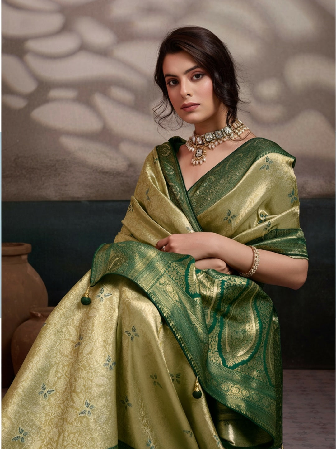 Peachmode Green Kanjivaram Soft Silk Saree with Meenakari Woven Pallu - Image 3