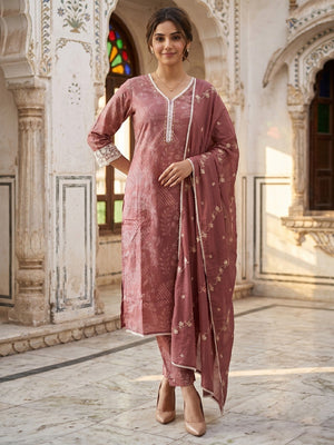 Festive Mauve Pure Cotton Straight Salwar Suit with Lace Work - Image 1