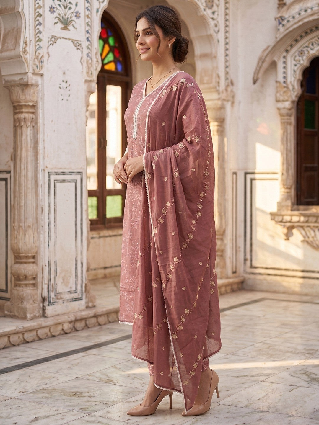 Festive Mauve Pure Cotton Straight Salwar Suit with Lace Work - Image 4