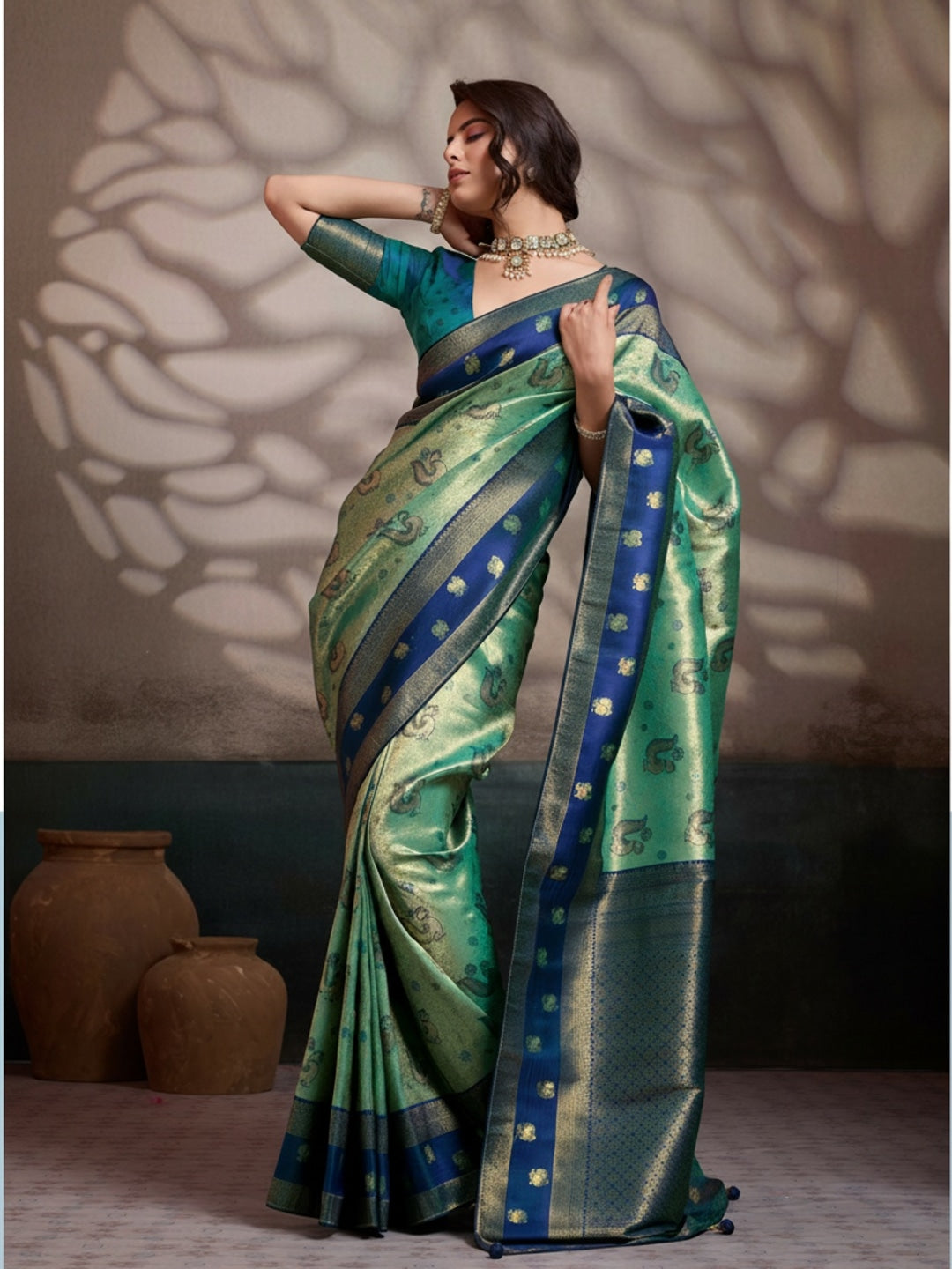 Peachmode Blue Kanjivaram Soft Silk Saree with Meenakari Woven Pallu - Image 1