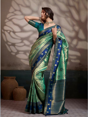 Peachmode Blue Kanjivaram Soft Silk Saree with Meenakari Woven Pallu - Image 1