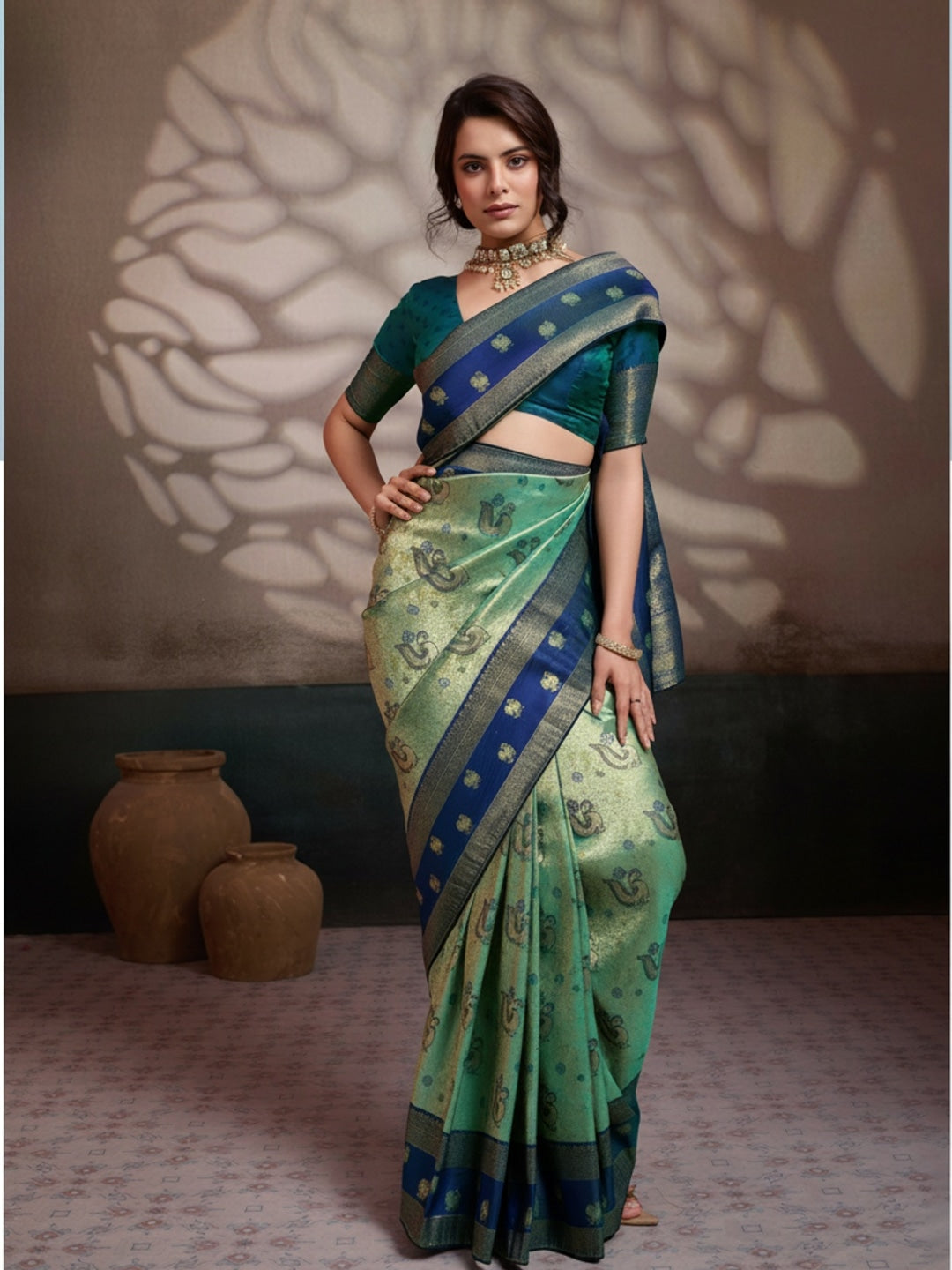 Peachmode Blue Kanjivaram Soft Silk Saree with Meenakari Woven Pallu - Image 3