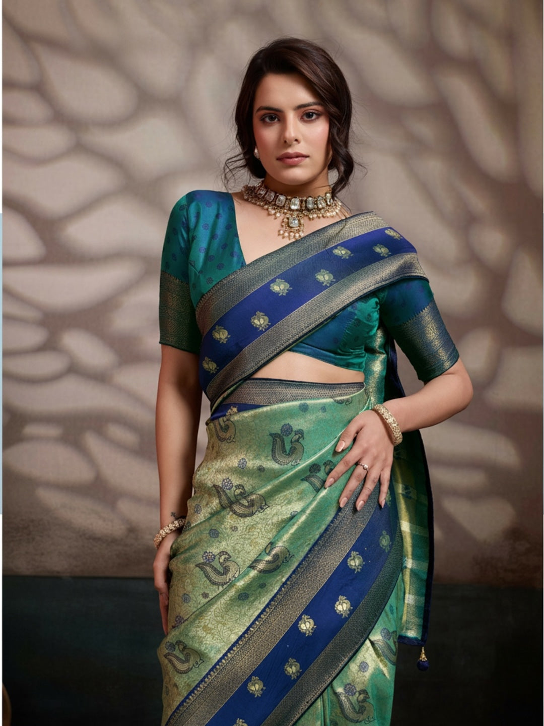 Peachmode Blue Kanjivaram Soft Silk Saree with Meenakari Woven Pallu - Image 4
