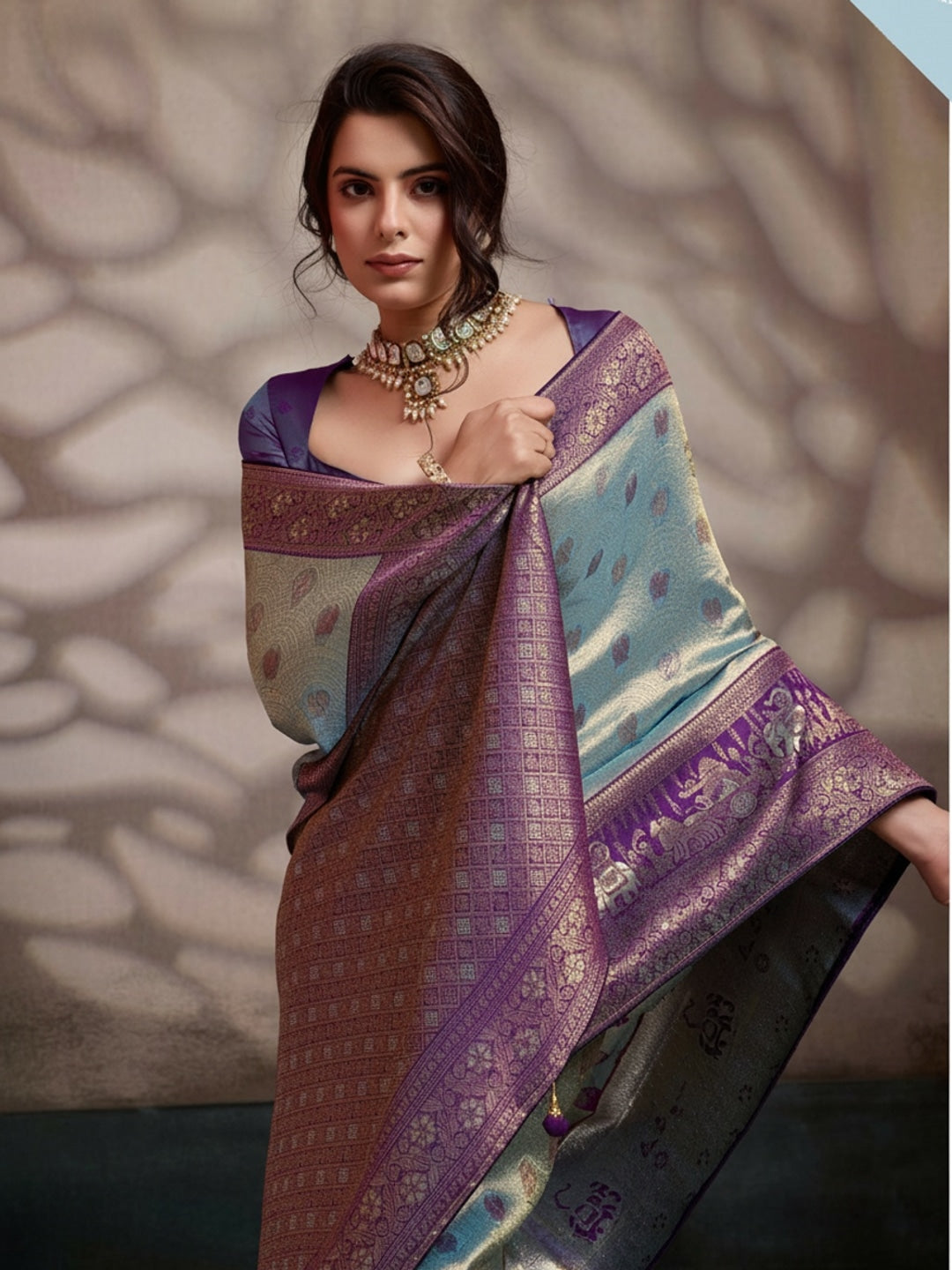 Peachmode Grey Kanjivaram Soft Silk Saree with Meenakari Woven Pallu - Image 1