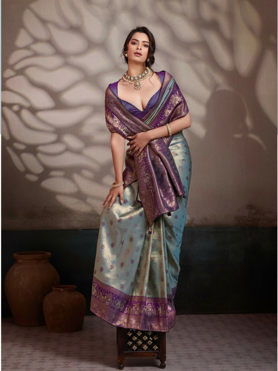 Peachmode Grey Kanjivaram Soft Silk Saree with Meenakari Woven Pallu - Image 2