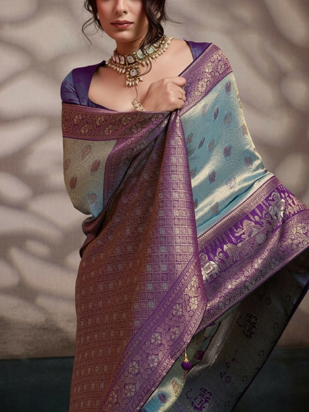 Peachmode Grey Kanjivaram Soft Silk Saree with Meenakari Woven Pallu - Image 3