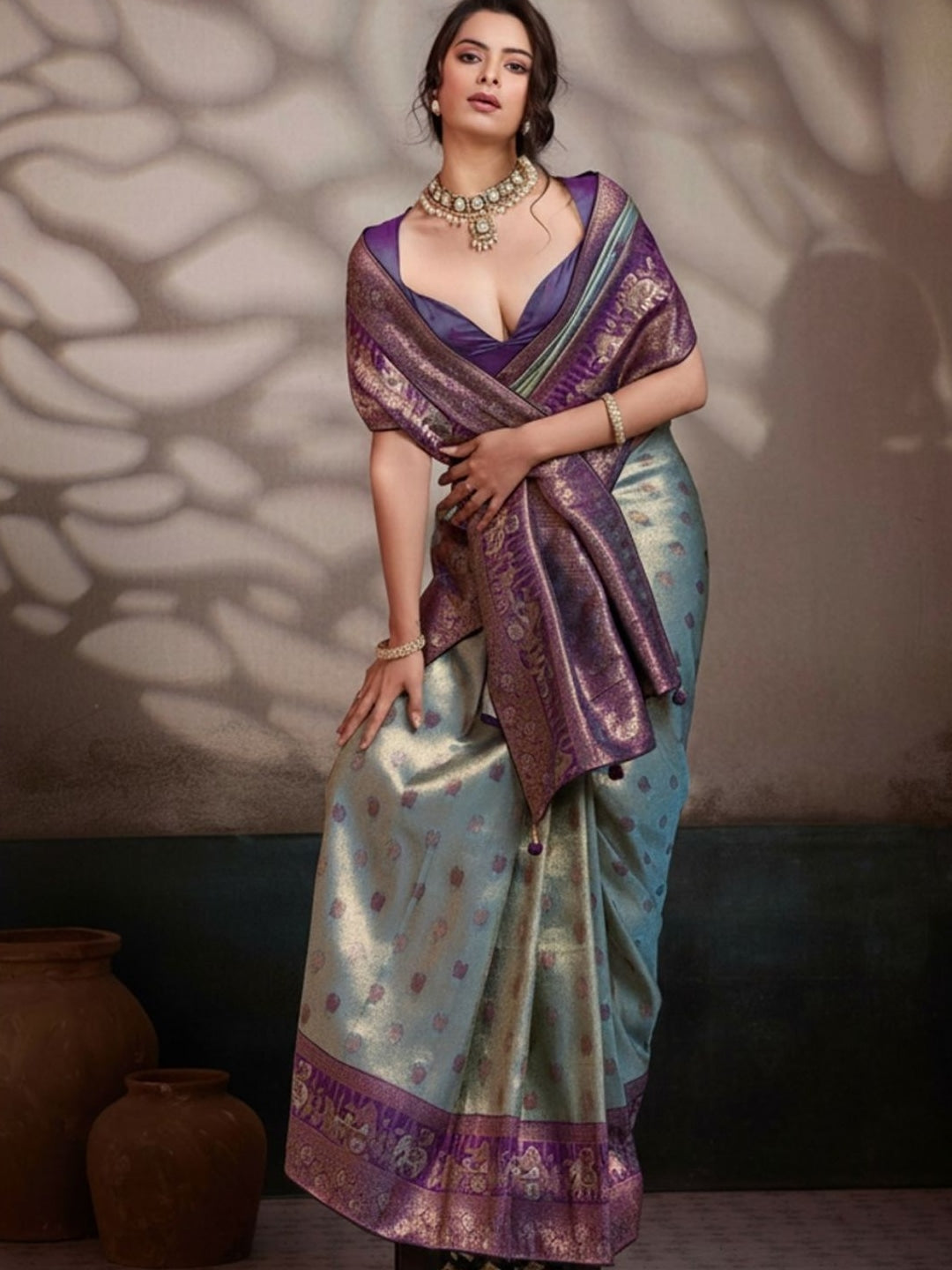 Peachmode Grey Kanjivaram Soft Silk Saree with Meenakari Woven Pallu - Image 4