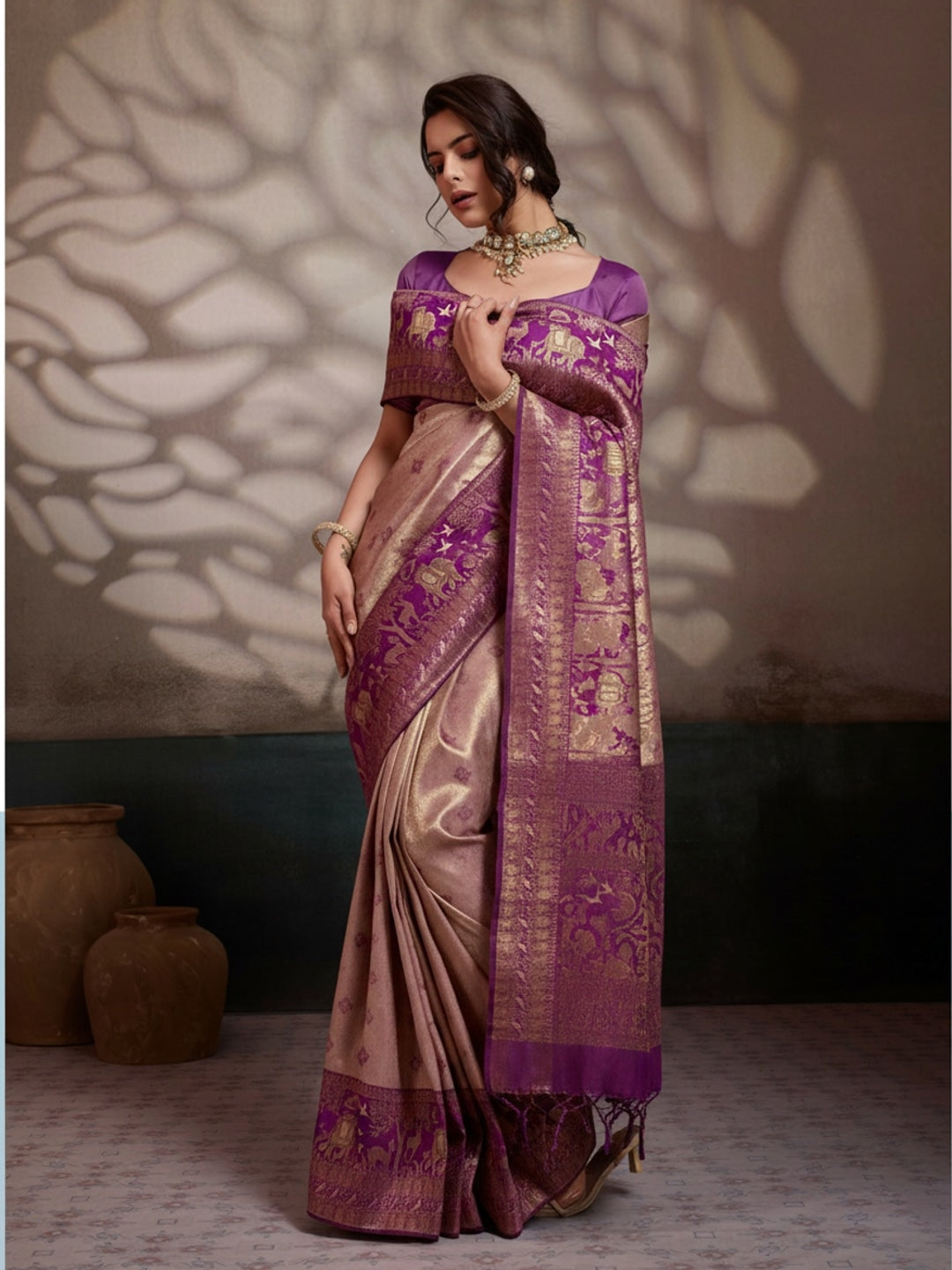Peachmode Maroon Kanjivaram Soft Silk Saree with Meenakari Woven Pallu - Image 1
