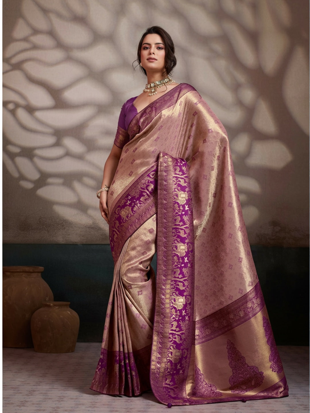 Peachmode Maroon Kanjivaram Soft Silk Saree with Meenakari Woven Pallu - Image 3