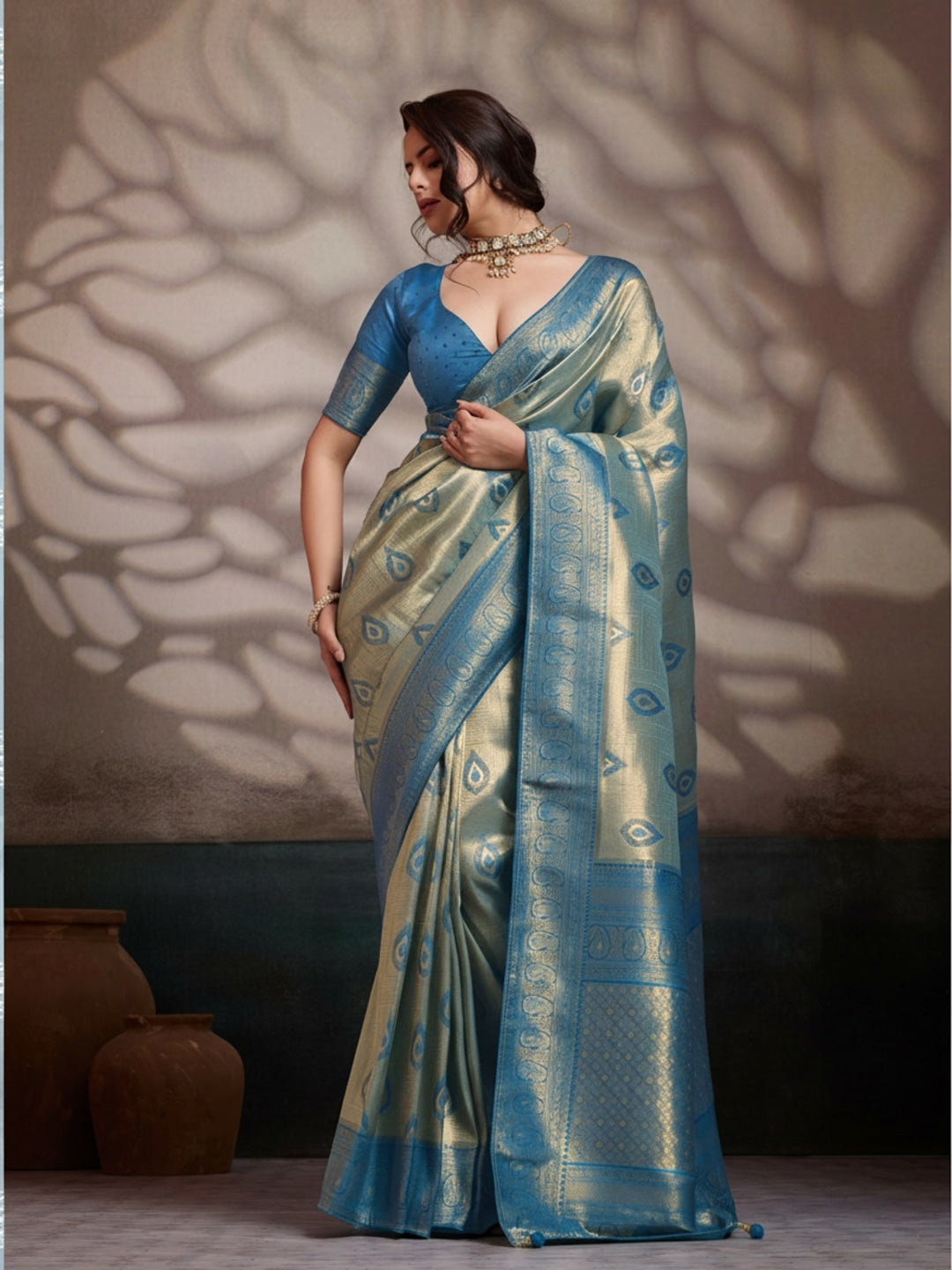 Peachmode Blue Kanjivaram Soft Silk Saree with Meenakari Woven Pallu - Image 1