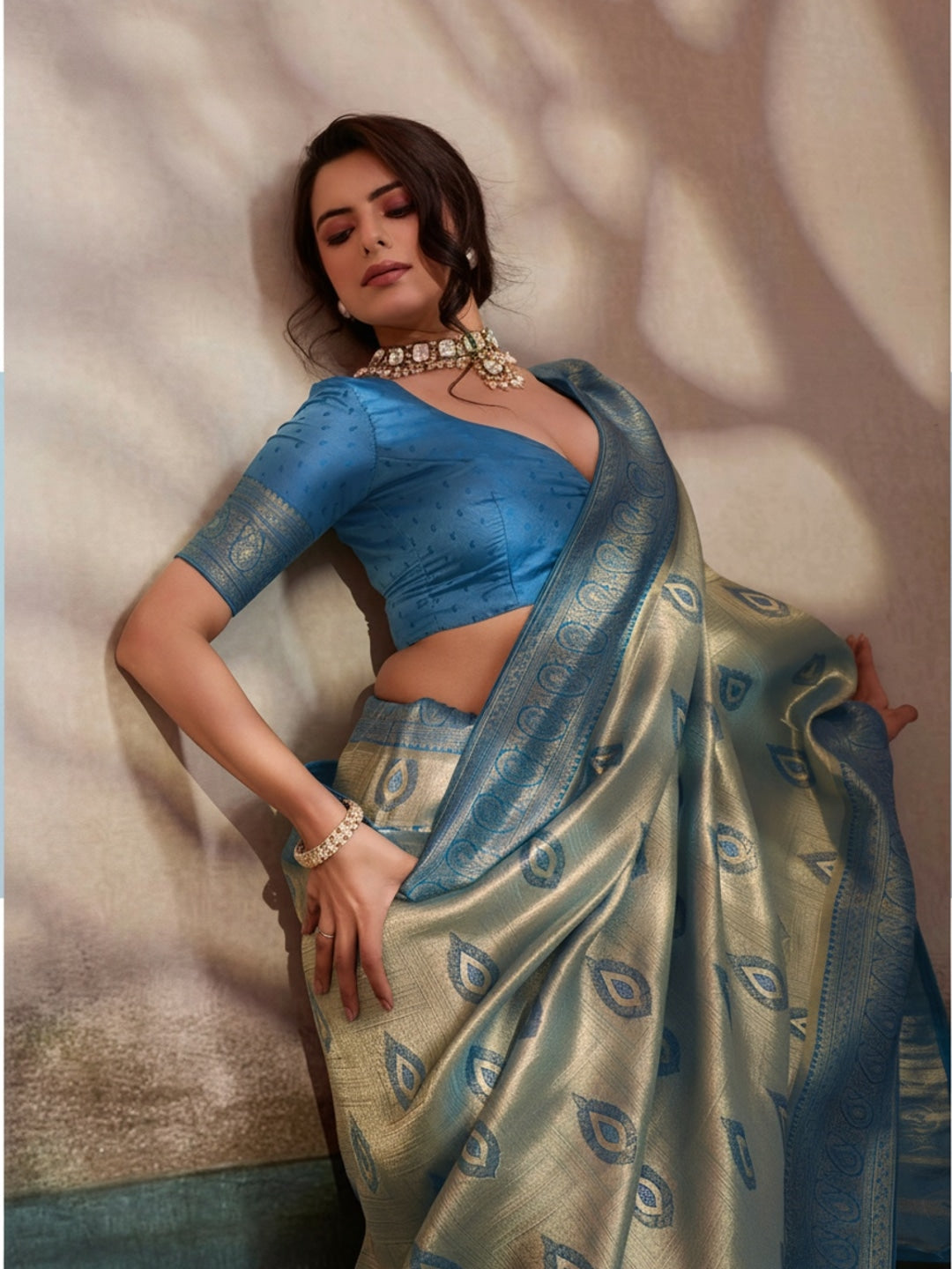Peachmode Blue Kanjivaram Soft Silk Saree with Meenakari Woven Pallu - Image 2