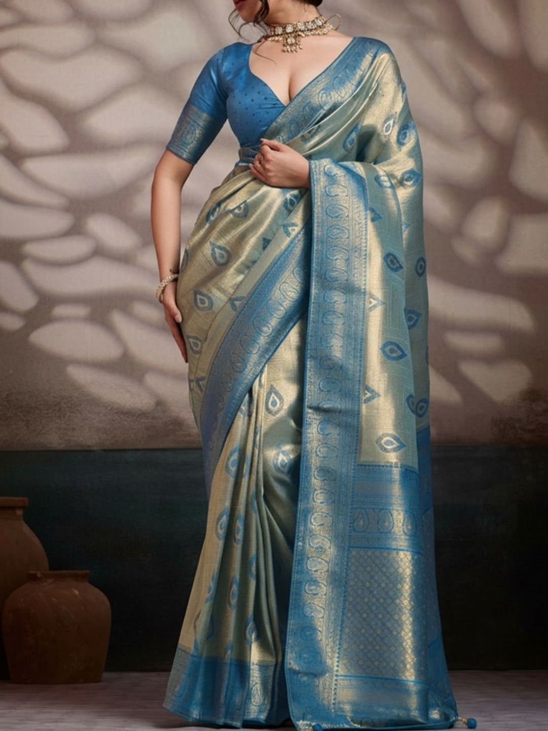 Peachmode Blue Kanjivaram Soft Silk Saree with Meenakari Woven Pallu - Image 3