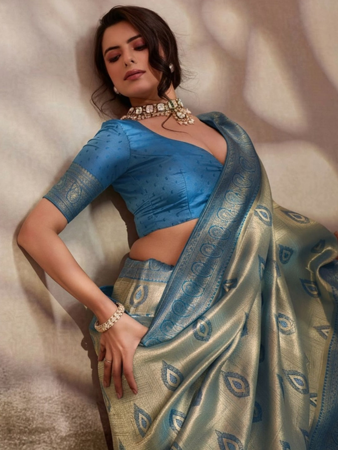 Peachmode Blue Kanjivaram Soft Silk Saree with Meenakari Woven Pallu - Image 4