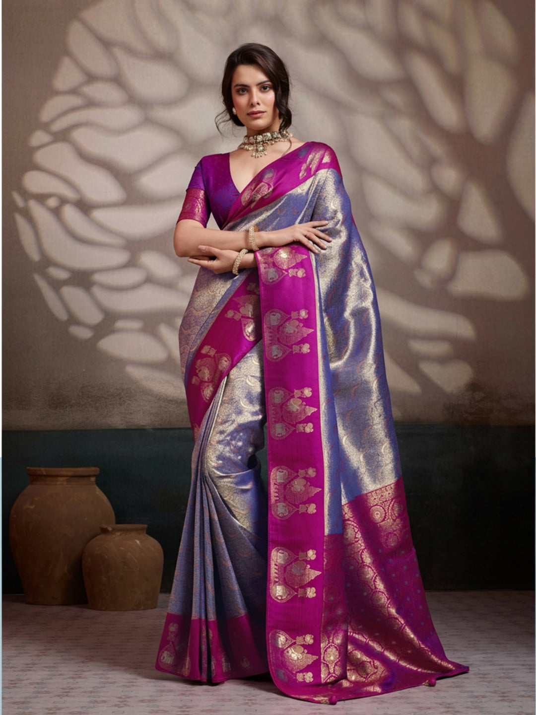 Peachmode Purple Kanjivaram Soft Silk Saree with Meenakari Woven Pallu - Image 1