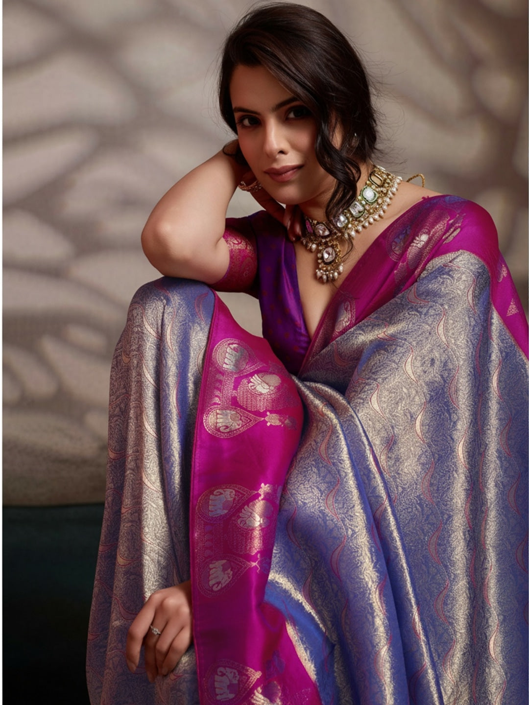 Peachmode Purple Kanjivaram Soft Silk Saree with Meenakari Woven Pallu - Image 2