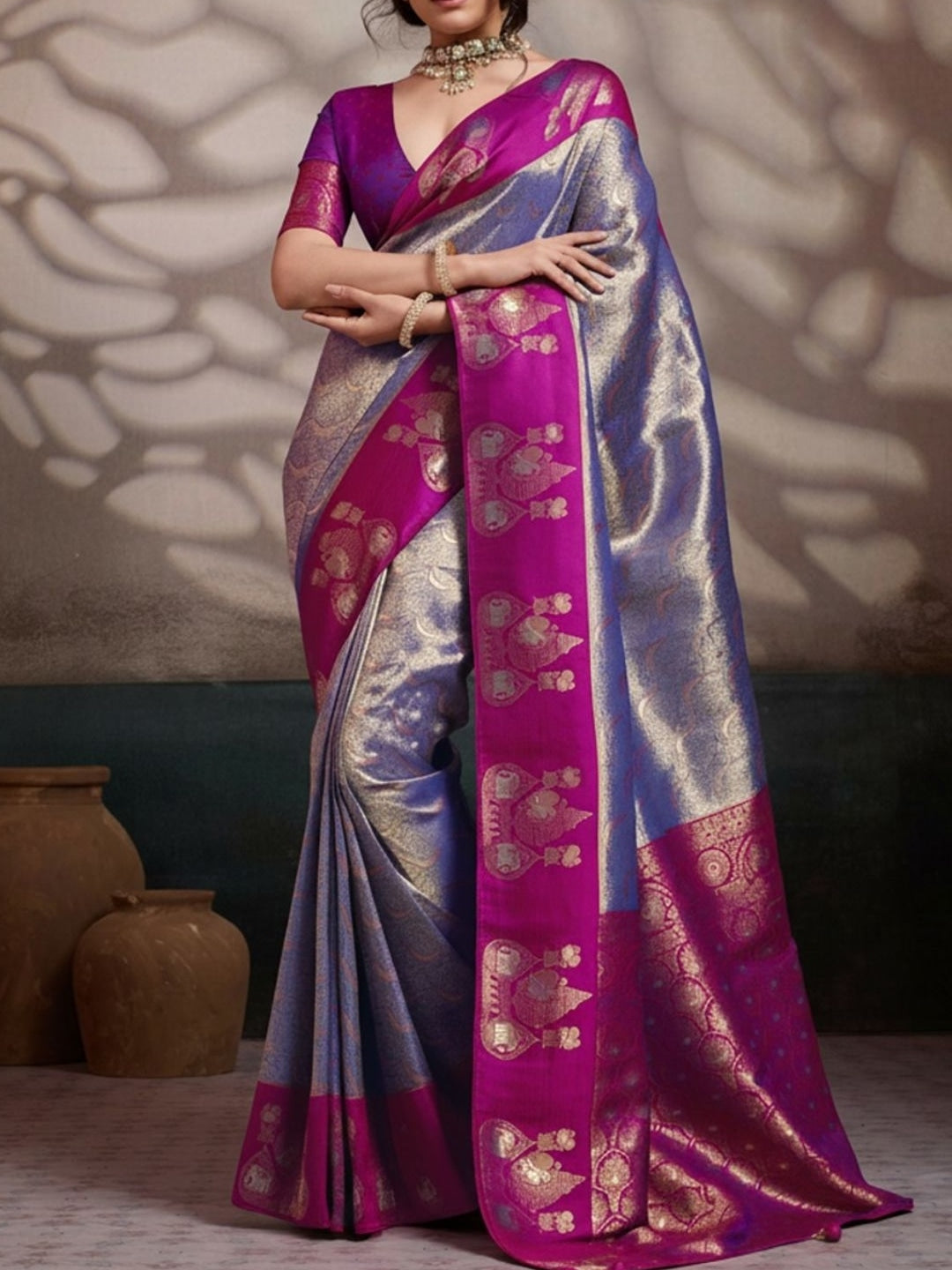 Peachmode Purple Kanjivaram Soft Silk Saree with Meenakari Woven Pallu - Image 4