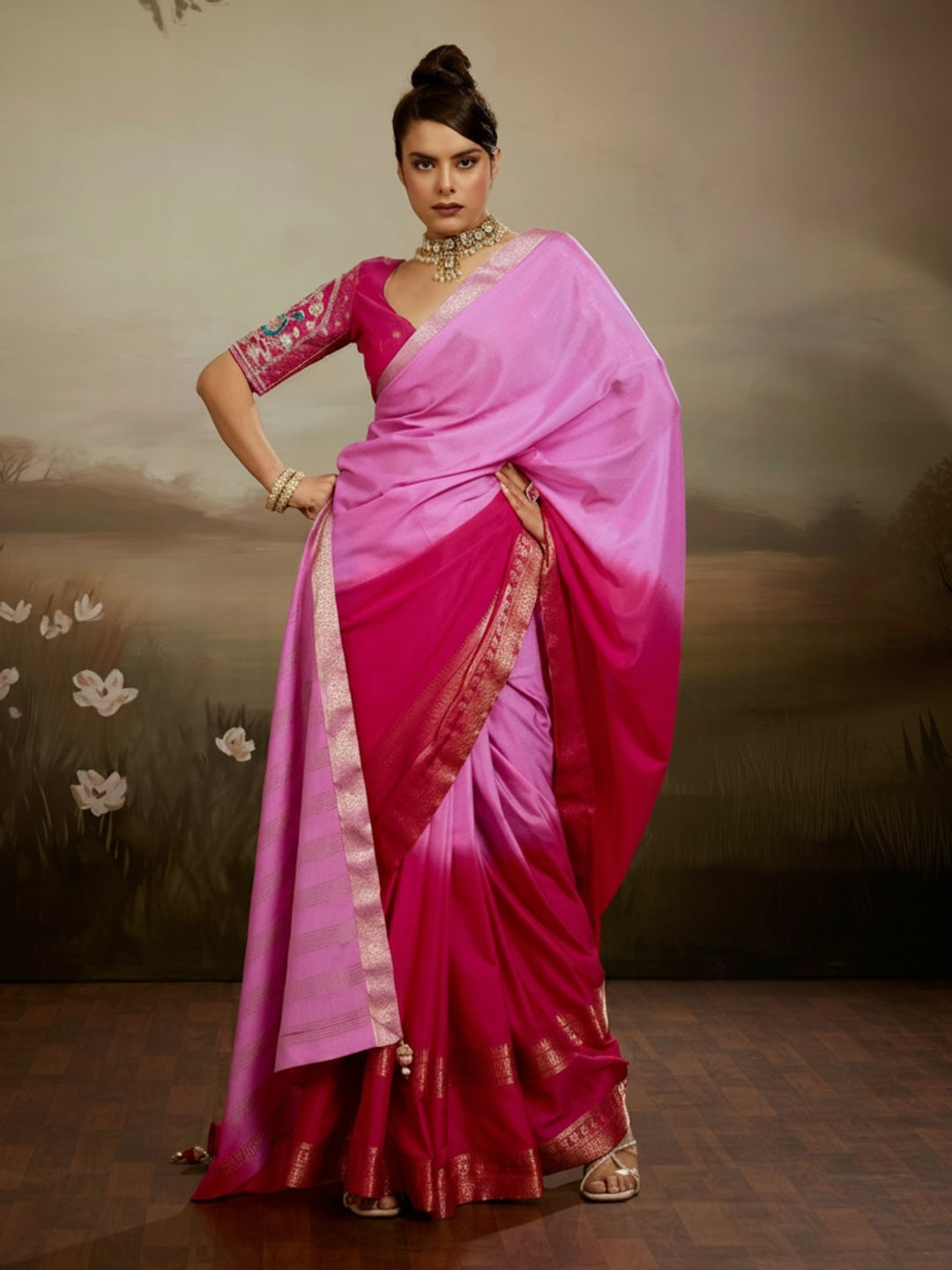 Peachmode Pink Soft Chiffon Ombre Saree with Zari Woven Pallu - Image 1