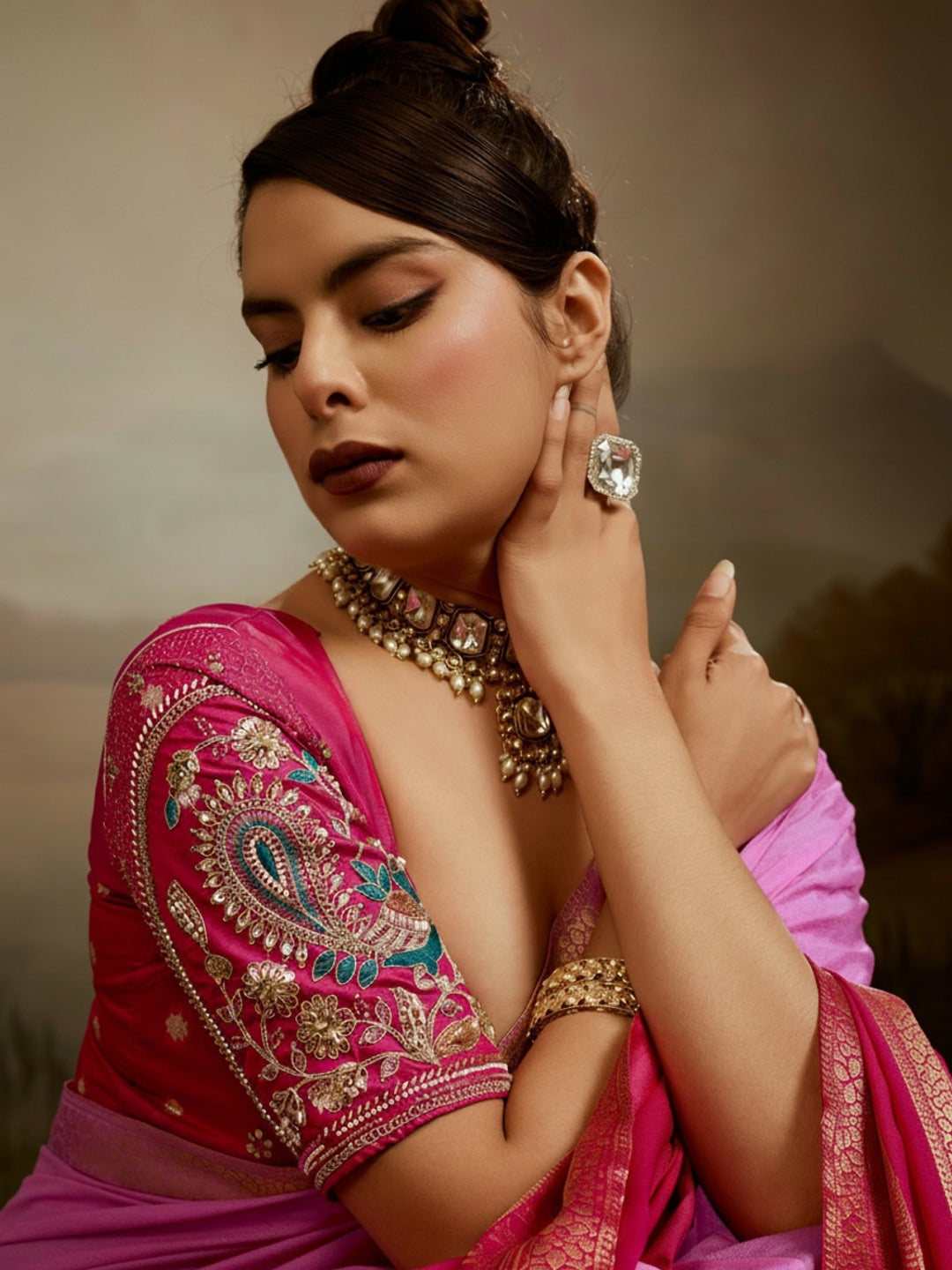 Peachmode Pink Soft Chiffon Ombre Saree with Zari Woven Pallu - Image 2