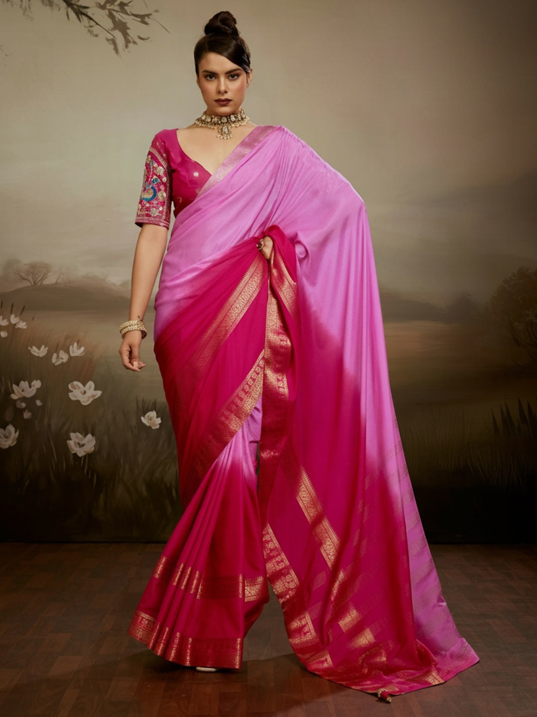 Peachmode Pink Soft Chiffon Ombre Saree with Zari Woven Pallu - Image 3