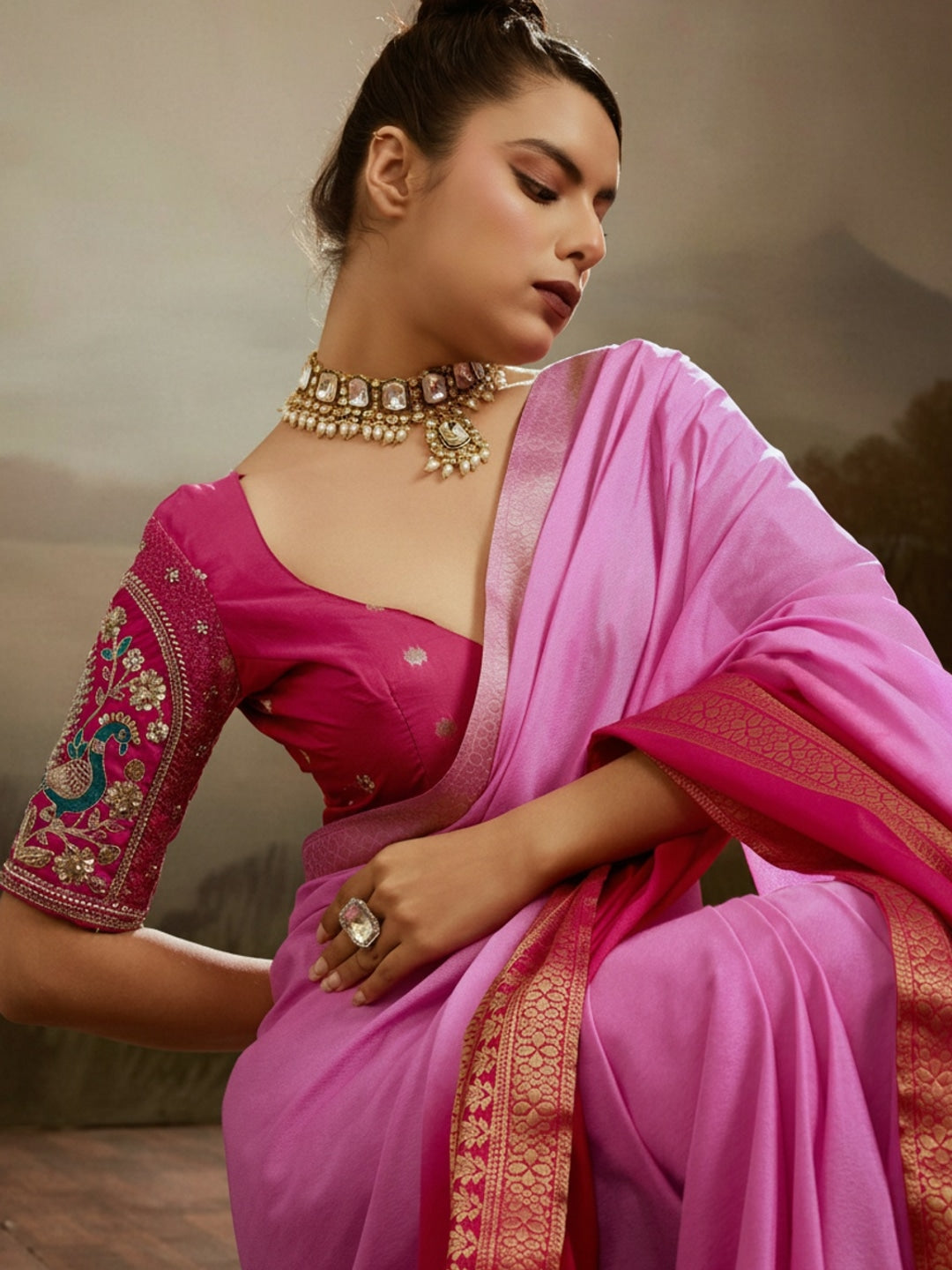 Peachmode Pink Soft Chiffon Ombre Saree with Zari Woven Pallu - Image 4