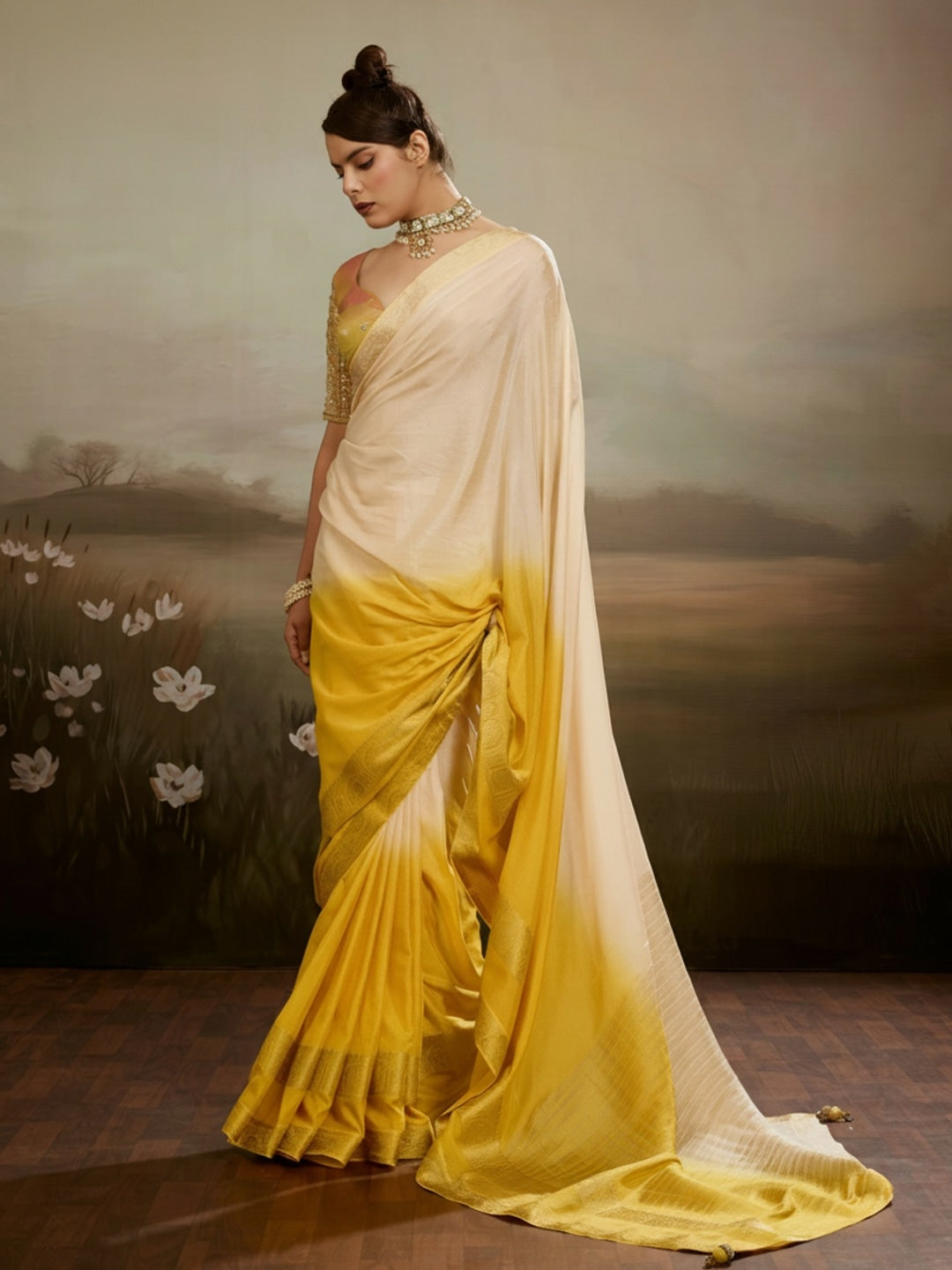 Peachmode Yellow Soft Chiffon Ombre Saree with Zari Woven Pallu - Image 1