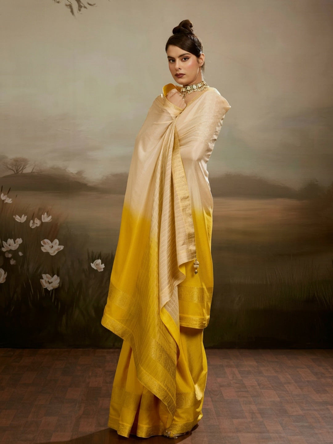 Peachmode Yellow Soft Chiffon Ombre Saree with Zari Woven Pallu - Image 2
