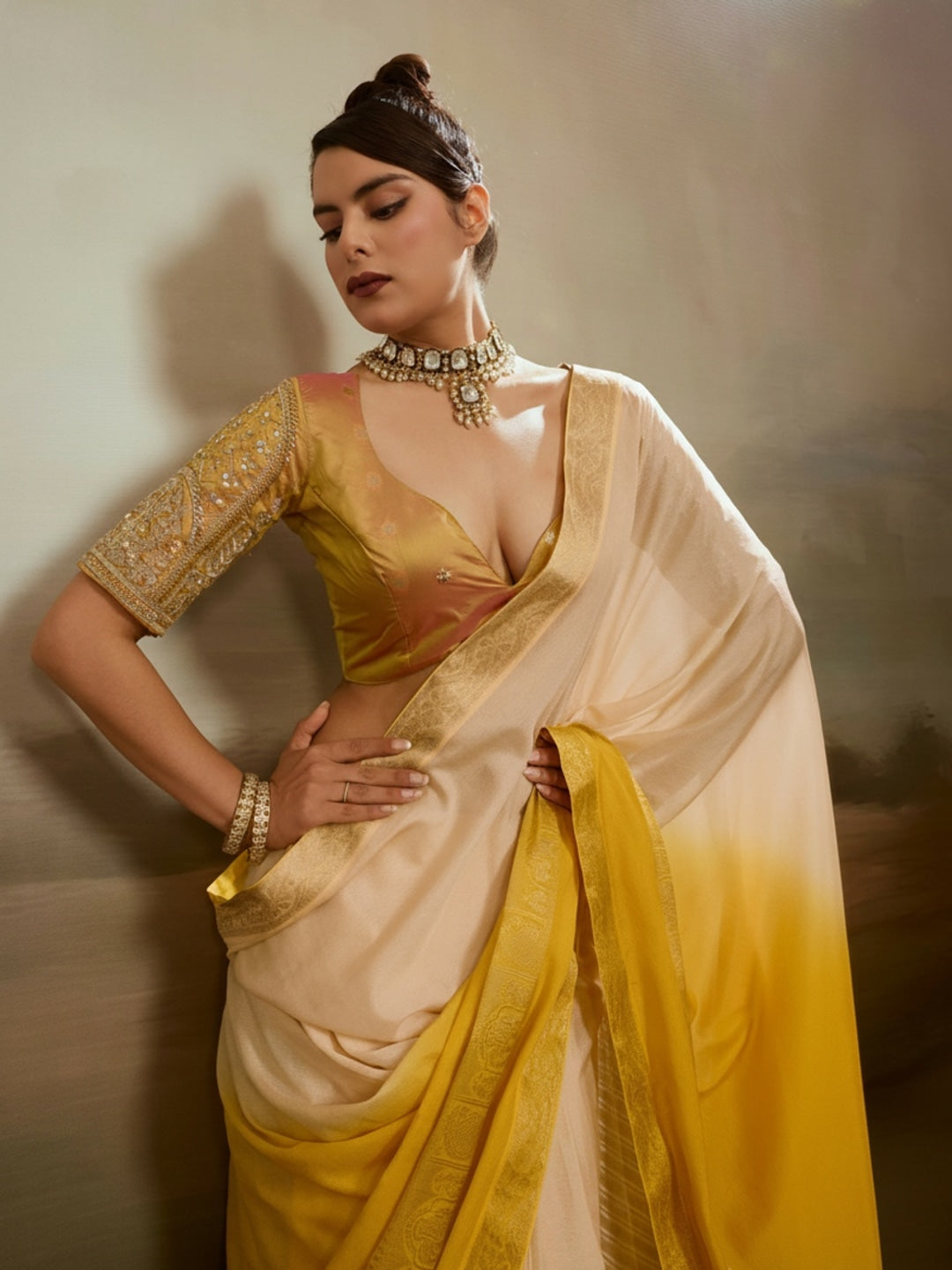 Peachmode Yellow Soft Chiffon Ombre Saree with Zari Woven Pallu - Image 3