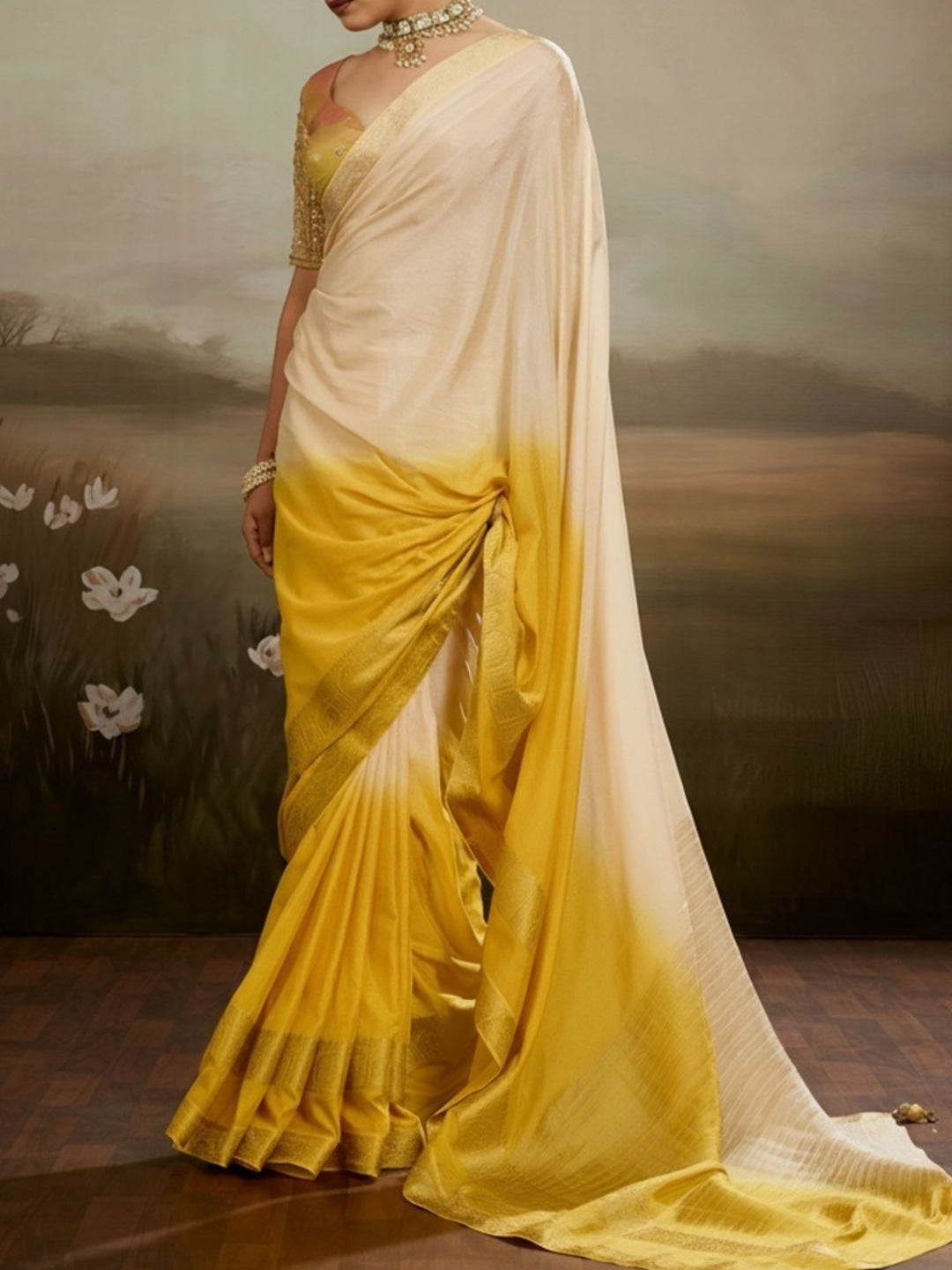Peachmode Yellow Soft Chiffon Ombre Saree with Zari Woven Pallu - Image 4