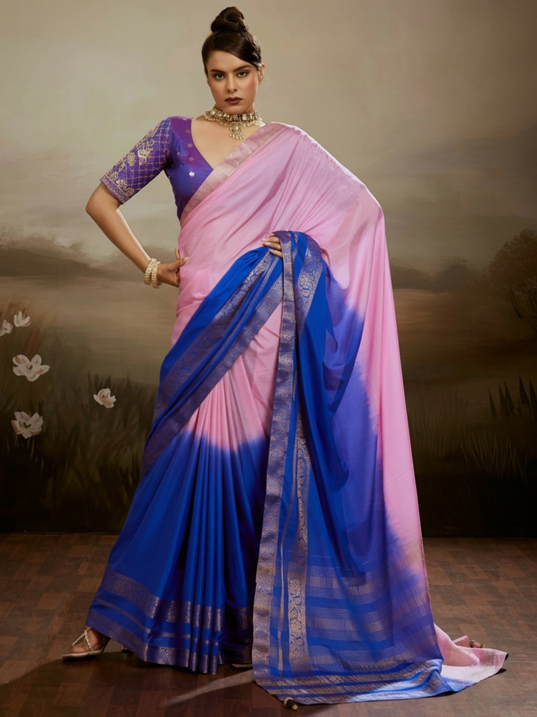 Peachmode Blue Soft Chiffon Ombre Saree with Zari Woven Pallu - Image 1
