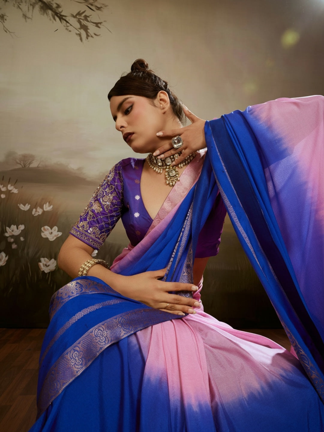 Peachmode Blue Soft Chiffon Ombre Saree with Zari Woven Pallu - Image 2