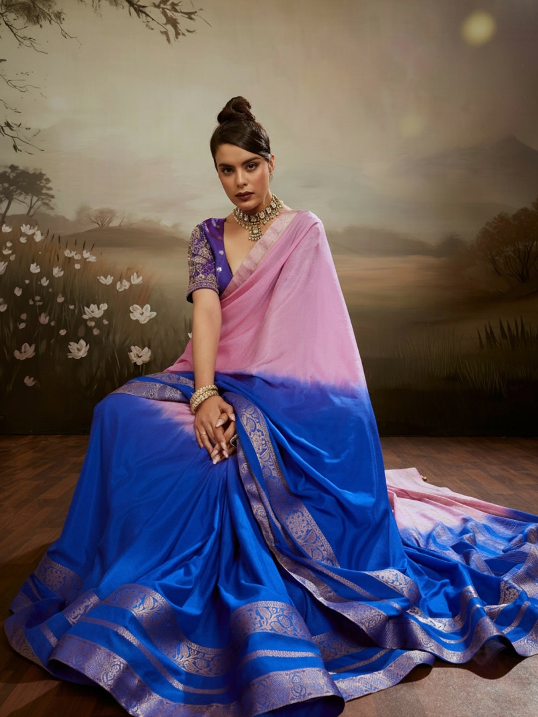 Peachmode Blue Soft Chiffon Ombre Saree with Zari Woven Pallu - Image 3
