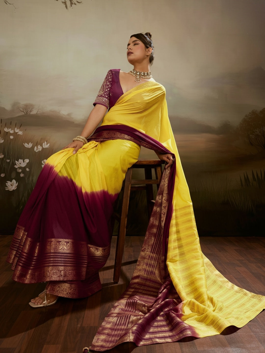 Peachmode Maroon Soft Chiffon Ombre Saree with Zari Woven Pallu - Image 1