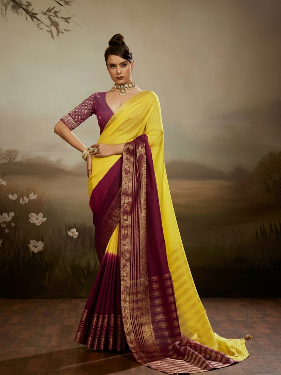 Peachmode Maroon Soft Chiffon Ombre Saree with Zari Woven Pallu - Image 2