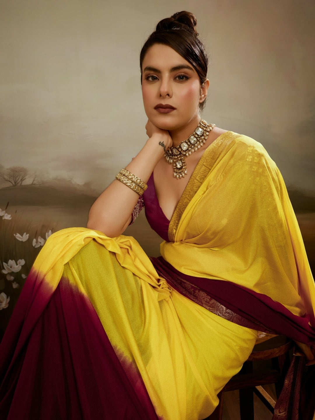 Peachmode Maroon Soft Chiffon Ombre Saree with Zari Woven Pallu - Image 3