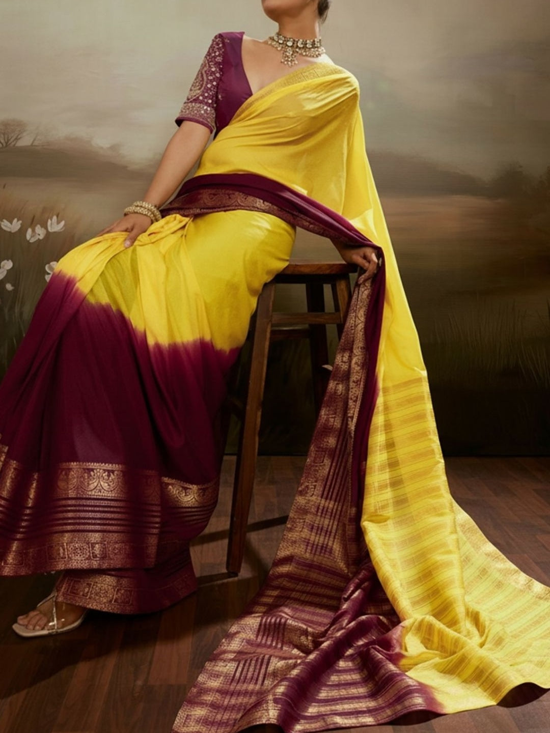 Peachmode Maroon Soft Chiffon Ombre Saree with Zari Woven Pallu - Image 4